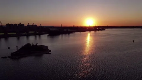 Flying Over the Seaport at Sunset. Harbor. Stock Footage 135066939