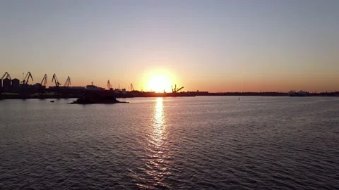 Flying Over the Seaport at Sunset. Harbor. Видео 135067677