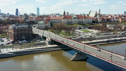 Flying over slasko dabrowski bridge in Warsaw panorama on warsaw old town Video stock 105849987