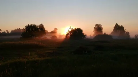 Flying over a sloping meadow in a Russian village in the fog at dawn Stock Footage 116828142