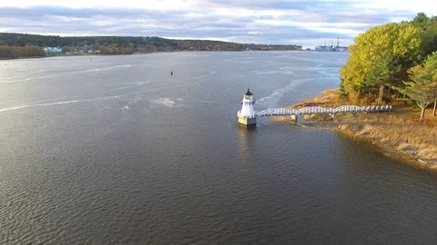 Flying Over a Small River Lighthouse Video stock 97545259