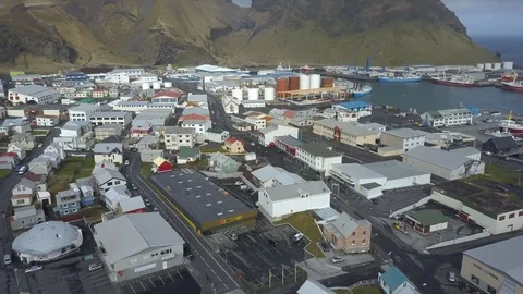 Flying Over a Small Town in the Westman Islands of Iceland Video stock 89220040