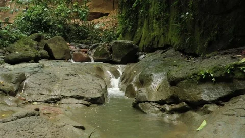 Flying over a small tropical stream with dark water and small cascades Stock Footage 142752515