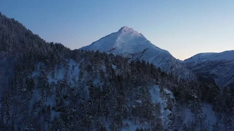Flying over snow capped forest against majestic mountain in blue winter light Stock Footage 157884013
