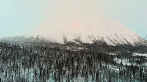 Flying over a snow-covered forest from a cloud-covered mountain. Winter forest Video stock 154638725