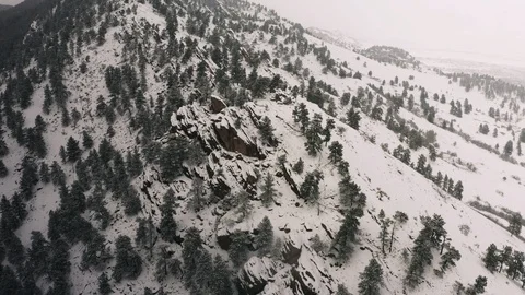 Flying over snow covered mountain in a snow storm. Drone aerial view outside Bou Video stock 124767253