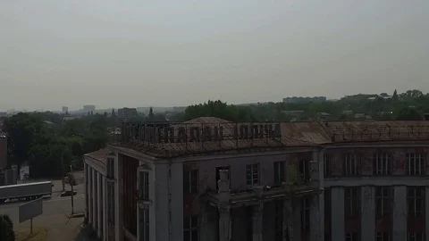 Flying over the Soviet ruined palace Stock Footage 70400925