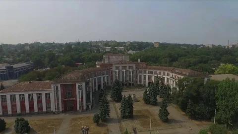 Flying over the Soviet ruined palace Stock Footage 70401235