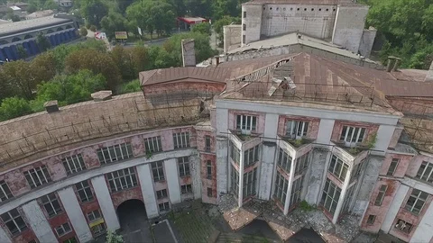 Flying over the Soviet ruined palace Stock Footage 70401313