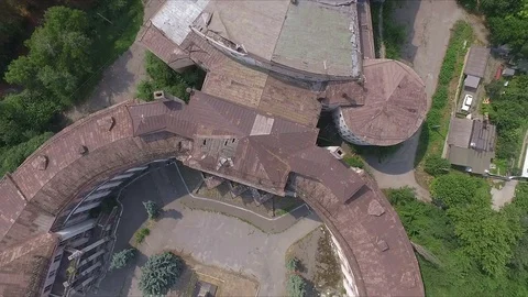Flying over the Soviet ruined palace Stock Footage 70401935