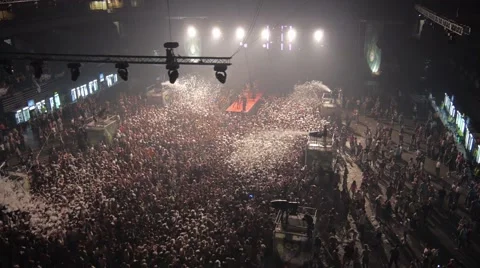 Flying over the stage and spectators at the concert. Stockbeeldmateriaal 48702724
