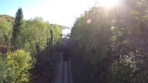 Flying over steam engine locomotive. forest trees woods Stock Footage 43558055