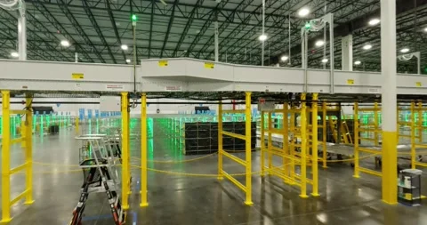 Flying Over The Storage Racks Of Parcels And Conveyor Belt System Inside Stock Footage 221540709