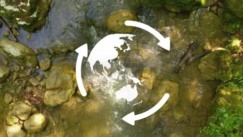 Flying up over stream with earth globe recycle animation Stock Footage 334078928