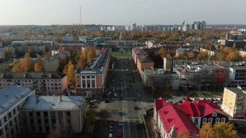 Flying over the street of a small town in autumn Stock Footage 170606366