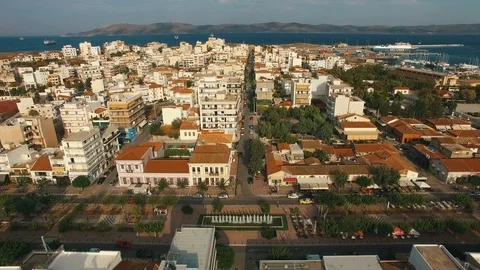 Flying over streets of small town in southern Europe at sunset. Stock Footage 87074804