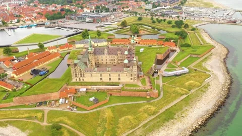 Flying over a stunning Kronborg Castle in Denmark Stock Footage 295485832