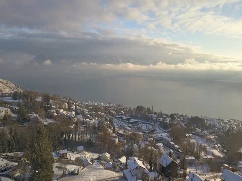 Flying over suburb, drone, geneva lake, sunset, snow, winter Stock Footage 85235282