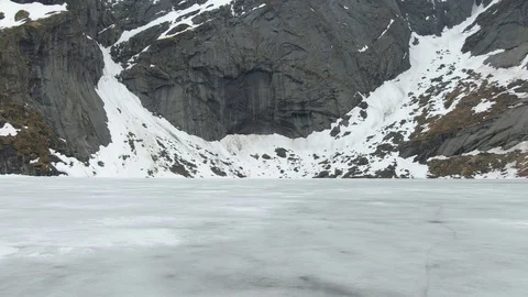 Flying Over the Surface of a Frozen Lake In Lofoten Stock Footage 116393161