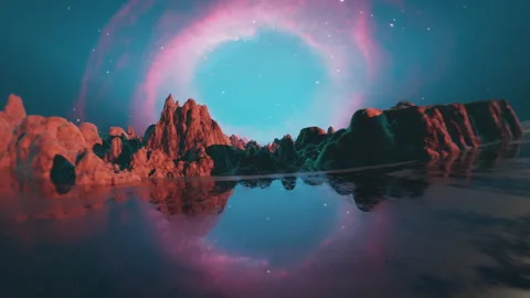 Flying over the surface of an ocean covered alien planet with red rocks Stock Footage 246057248