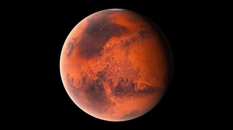 Flying over the surface of the planet Mars, computer generated. 3d rendering of Illustrazione stock