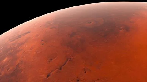 Flying over the surface of the planet Mars, computer generated. 3d rendering of Illustrazione stock