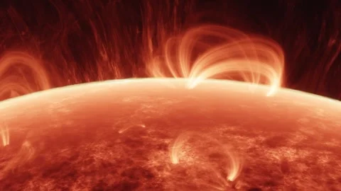 Flying over the surface of the sun while solar flares erupting violently Stock Footage 251632468