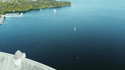 Flying over the surface of the water in the reservoir. Stock Footage 287095668