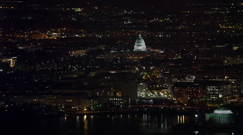 Flying over the Tidal Basin at night, US Capitol Building in distance, Jefferson Stock Footage 59196025