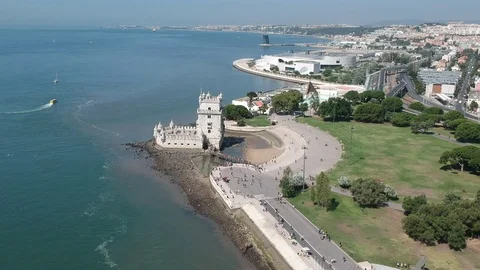 Flying over Torre de Belém with Drone in Lisbon and Portugal Video stock 105524844