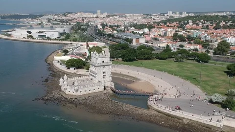 Flying over Torre de Belém with Drone in Lisbon and Portugal Video stock 105524848