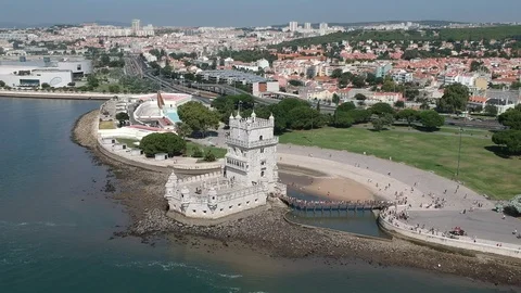 Flying over Torre de Belém with Drone in Lisbon and Portugal Video stock 105524855