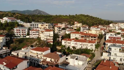 Flying over touristic centre of Neos Marmaras city, Sithonia, Halkidiki, Greece Stock Footage 160621169