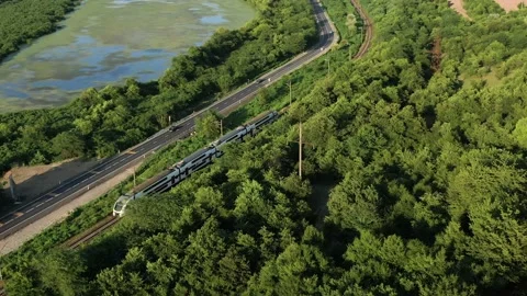 Flying over a train in motion. Traffic train aerial view. Stockbeeldmateriaal 238477160