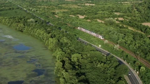 Flying over a train in motion. Traffic train aerial view. Video stock 238477202