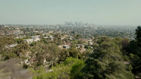 Flying over trees toward Los Angeles skyline Stock Footage 168216840