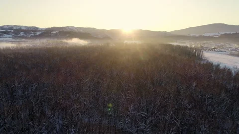 Flying over the trees in winter. Beautiful sunrise in the mountains. A village Stock-Footage 136734006