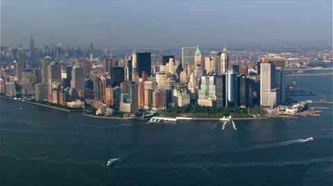 Flying over Upper New York Bay toward Battery Park. Shot in 2003. Stock Footage 59521976