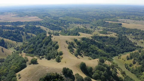 Flying over a vast desert type terrain in the deliblato sands Stock Footage 138709892