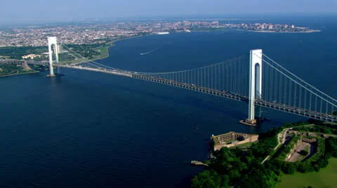 Flying over Verrazano-Narrows Bridge in New York. Shot in 2003. Stock Footage 59521928