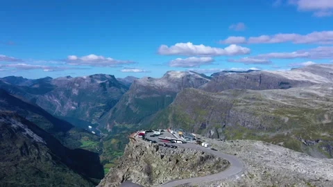 Flying over a Viewpoint with nice view of geiranger fjord and mountain peaks Stock Footage 167263174