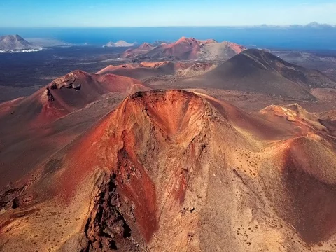 Flying over volcano near Timanfaya National Park, Lanzarote, Canary islands, 스톡 동영상 74832053