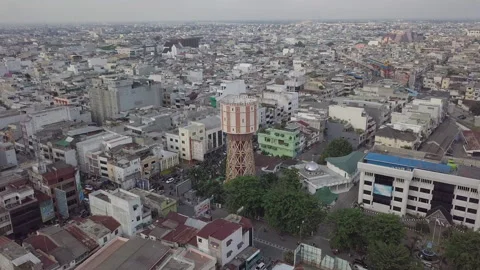Flying Over Water Tower In The Middle Of Medan City Stock Footage 134008241