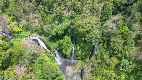 Flying over waterfall in the middle of bali jungle Stock Footage 146552917