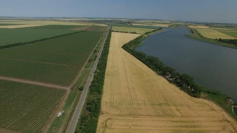 Flying over a wheat field and road. Harvest time 库存影片 122769708