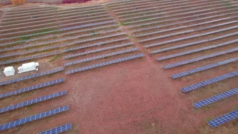 Flying Over Wide Setup Of Solar Panels In Lines , Atwater, MN, USA Stock Footage 256120357
