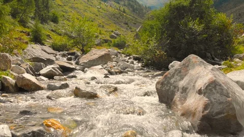 Flying Over a Wild Mountain River in Summer in Italian Alps Stock Footage 123249280