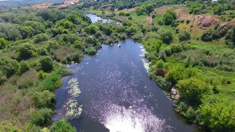 Flying over wild river on summer day Stock Footage 80903709