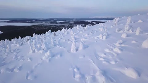 Flying over a wild snow-covered slope over trees in snow caps Stock-Footage 144136986