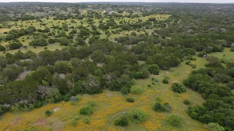 Flying over wilderness toward a ranch house, Edwards County, Texas, USA Stock Footage 129205948